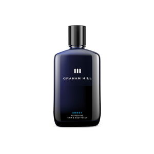 GRAHAM HILL ABBEY Refreshing Hair & Body Wash für Männer in einer dunkelblauen 250-ml-Flasche mit schwarzem Verschluss
