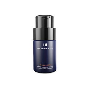 RASCASSE Face & Beard Wash Cleansing Powder von GRAHAM HILL in einer dunkelblauen 40-g-Flasche mit schwarzem Dosieraufsatz