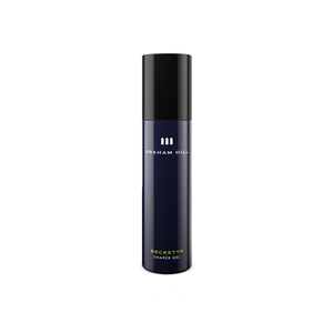 Stark festigendes BECKETTS Shaper Gel von GRAHAM HILL in einer dunkelblauen 100-ml-Flasche mit schwarzem Verschluss.