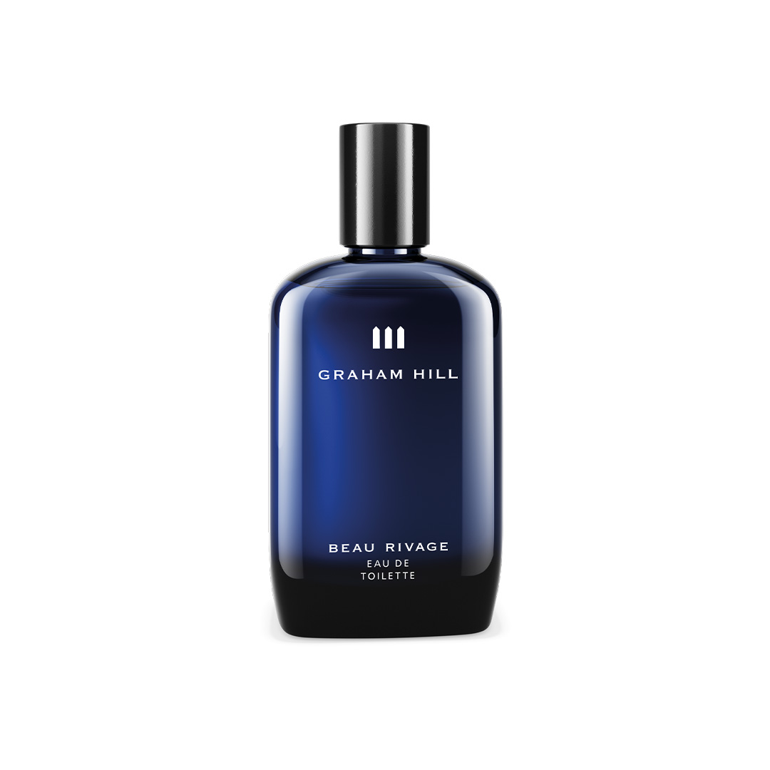 GRAHAM HILL BEAU RIVAGE Eau de Toilette in einer dunkelblauen 100-ml-Glasflasche mit schwarzem Verschluss