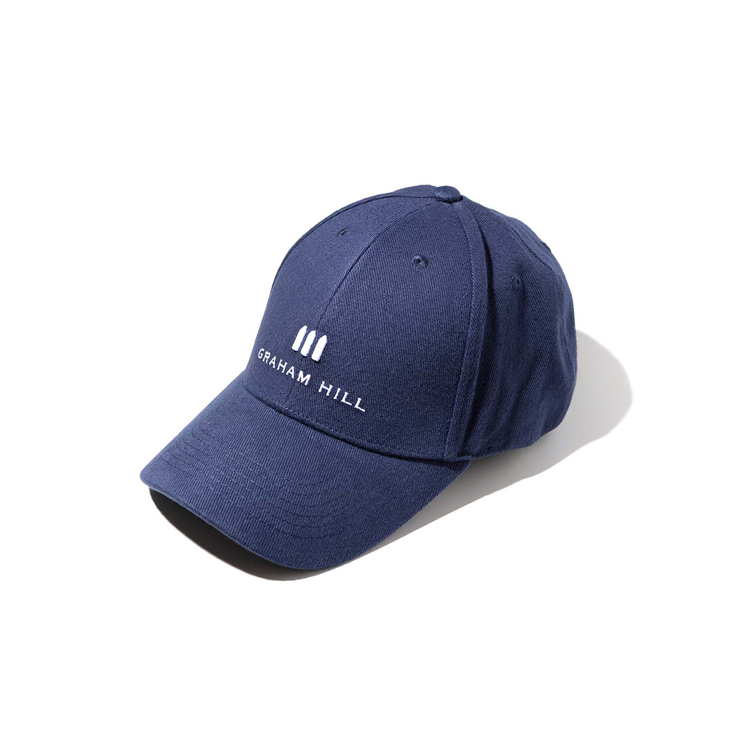 Dunkelblaue GRAHAM HILL Unisex-Cap aus Baumwoll-Mischgewebe mit weiß gesticktem Logo und gebogenem Schirm