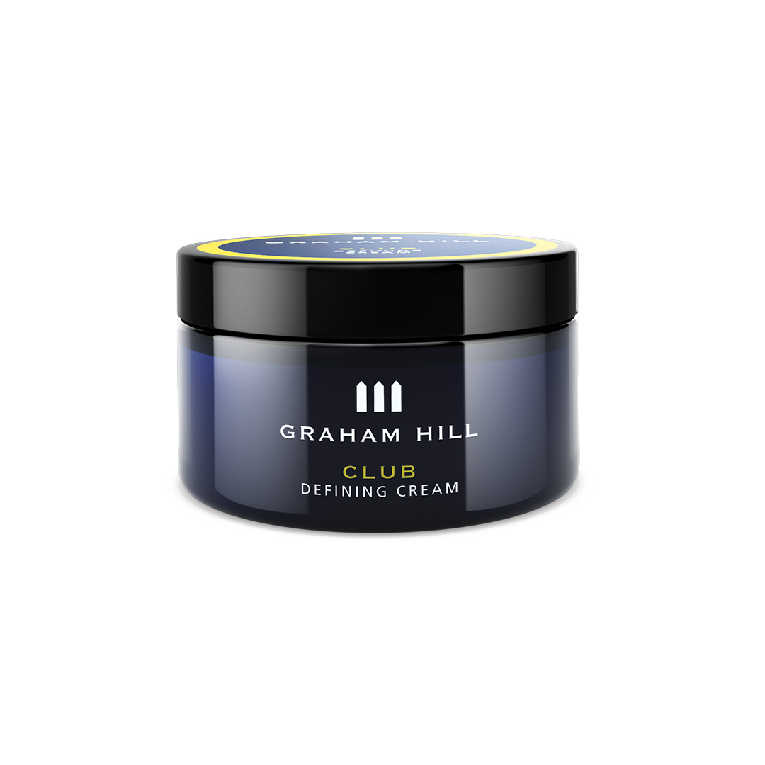 Festigende CLUB Defining Cream von GRAHAM HILL in einer dunkelblauen 75-ml-Dose mit schwarzem Schraubdeckel