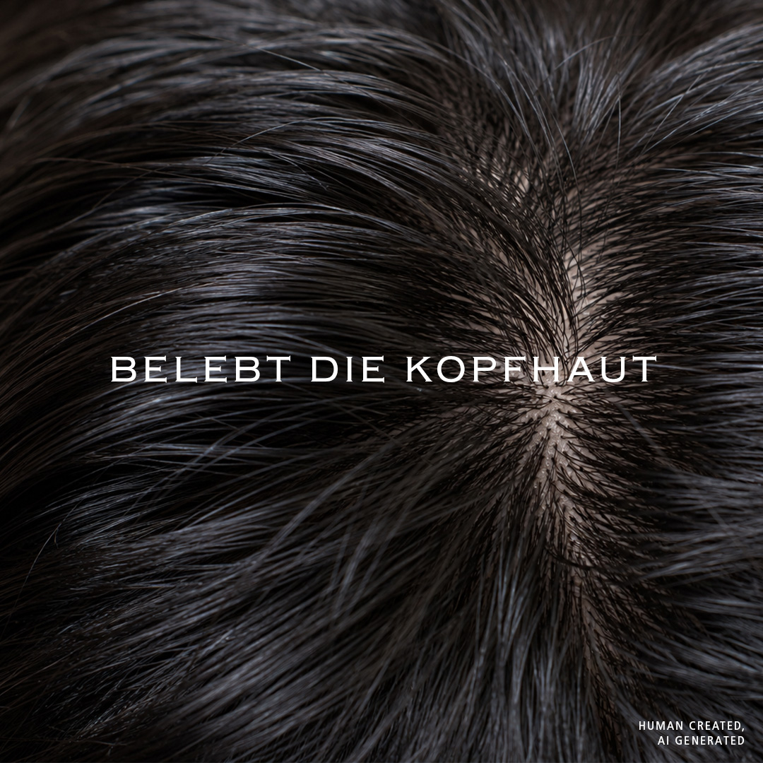 Nahaufnahme von dunklem Haar und sichtbarer Kopfhaut mit dem Schriftzug „Belebt die Kopfhaut“