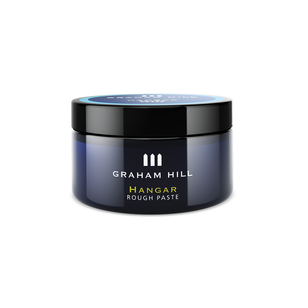 Mattierende HANGAR Rough Paste von GRAHAM HILL in einer dunkelblauen 100-ml-Dose mit schwarzem Schraubdeckel