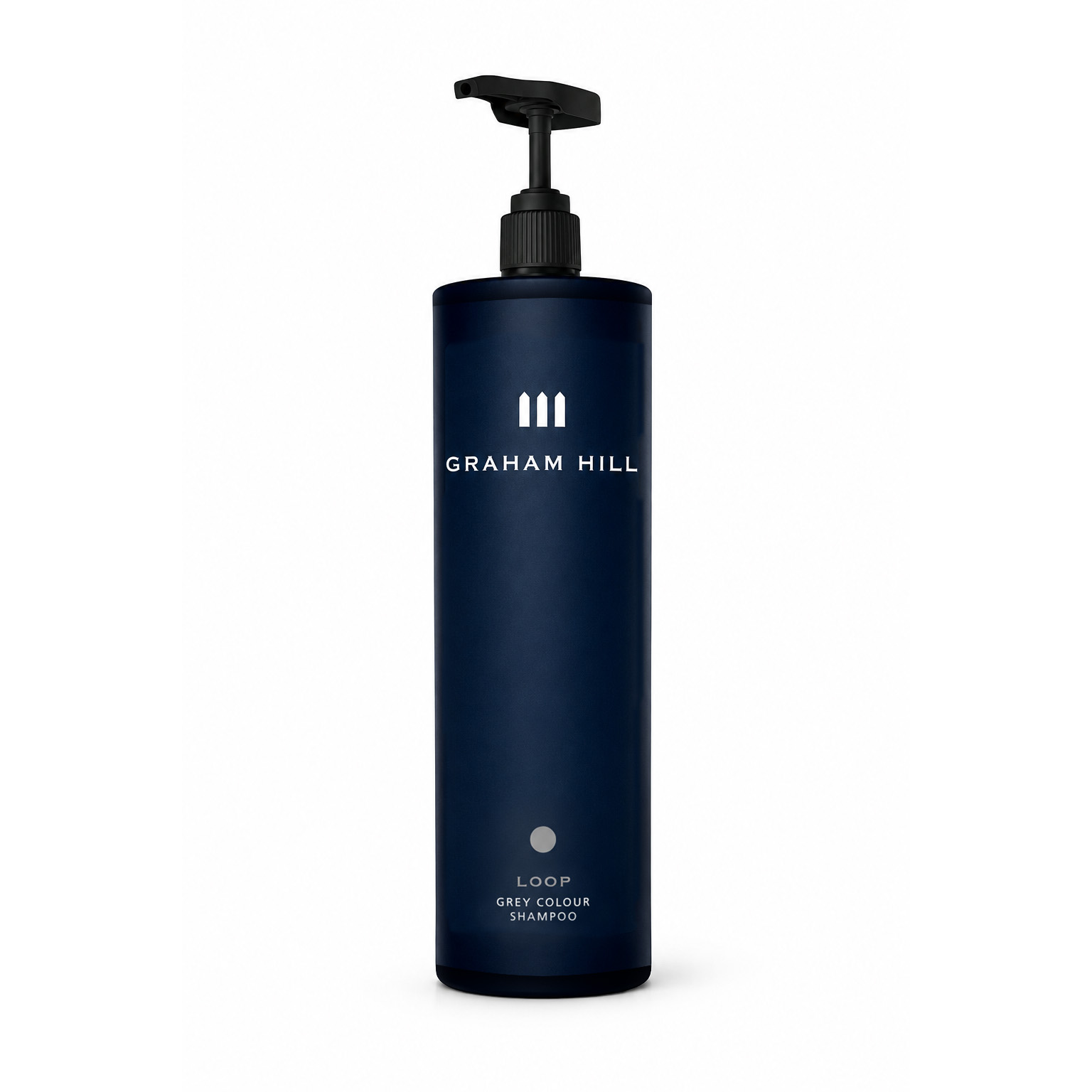 Farbpflegendes LOOP Grey Colour Shampoo von GRAHAM HILL in einer dunkelblauen 1000-ml-Pumpflasche mit schwarzem Spender