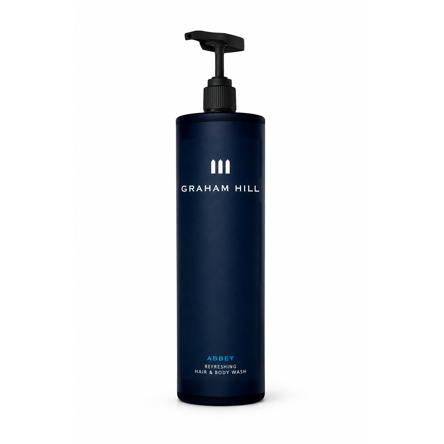 GRAHAM HILL ABBEY Refreshing Hair & Body Wash für Männer in einer dunkelblauen 1000-ml-Flasche mit schwarzem Pumpspender.