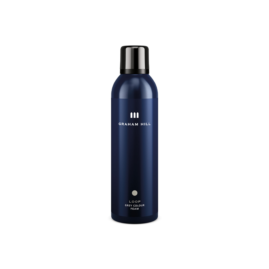 Schaumtoenungsfestiger LOOP Grey Colour Foam von GRAHAM HILL in einer dunkelblauen 200-ml-Dose mit schwarzer Kappe